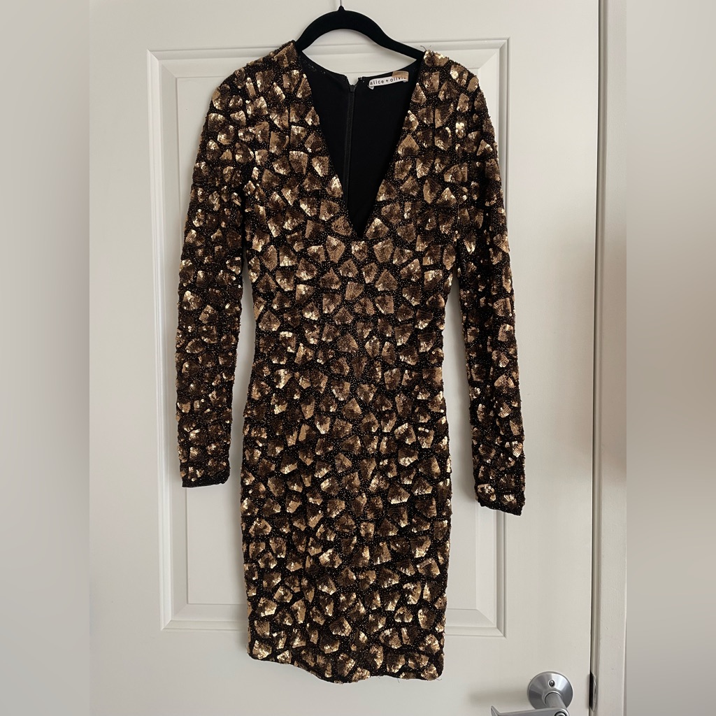 Alice + Olivia Nora Metallic Embellished Mini Cocktail Dress Xs Long Sleeve